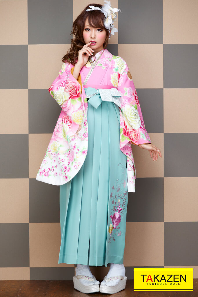 キュートガーリー　ピンク/グリーン(緑色)　バラ柄　派手　可愛い　リズリサ袴ネットレンタル　小学生にも人気　C30047