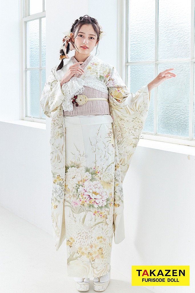 くすみカラーガーリー　白　古典柄/ボタン柄/和柄　綺麗　華やか　上品　薄い色　かわいい　統一感のある振袖　大峰ユリホ　LB30