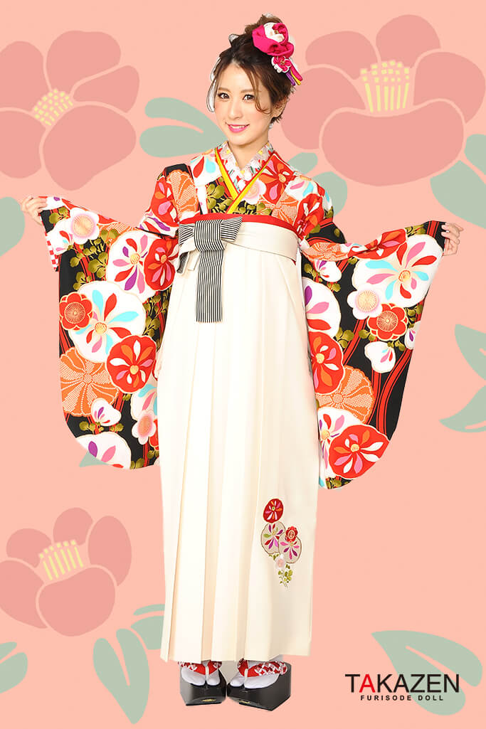 レトロモダン　黒地/オレンジ　被らない袴ネットレンタル　個性的　ポップ　R30017