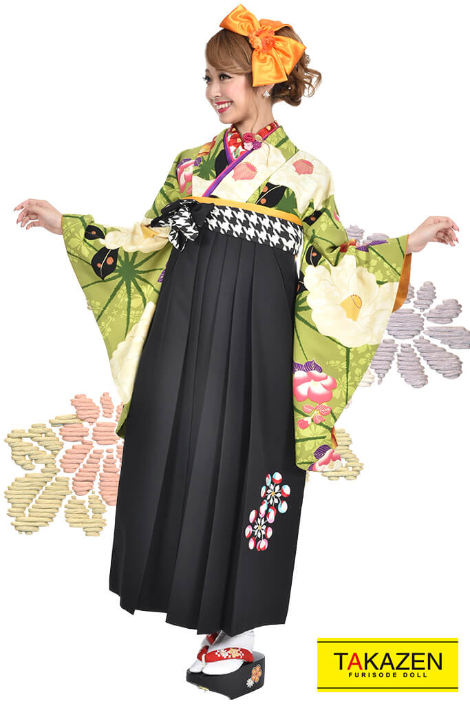 レトロ　黄緑　椿柄　大柄　人気袴ネットレンタル　個性的　可愛い　R30020