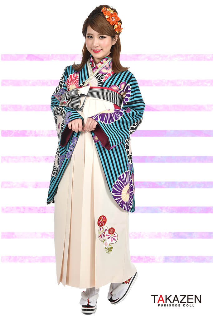 レトロモダン　水色　ストライプ　個性的袴ネットレンタル　ビビットカラー　R30022