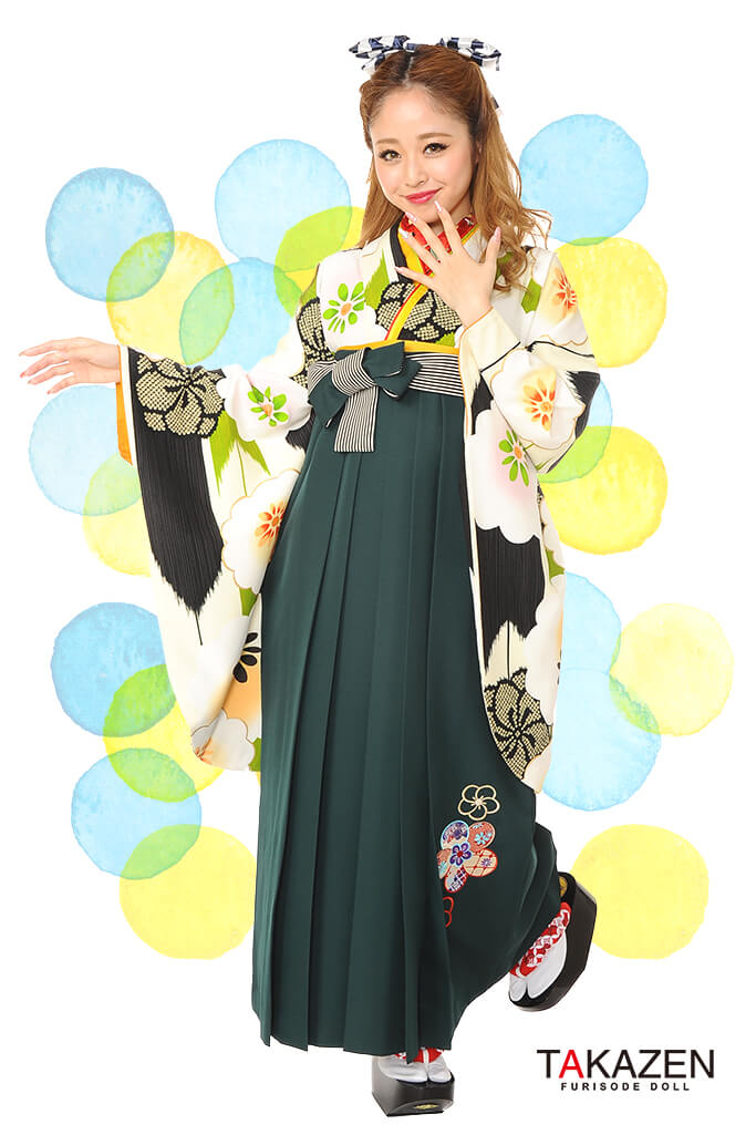 レトロポップ　白/緑　大柄　シンプル　かわいい袴ネットレンタル　R30025