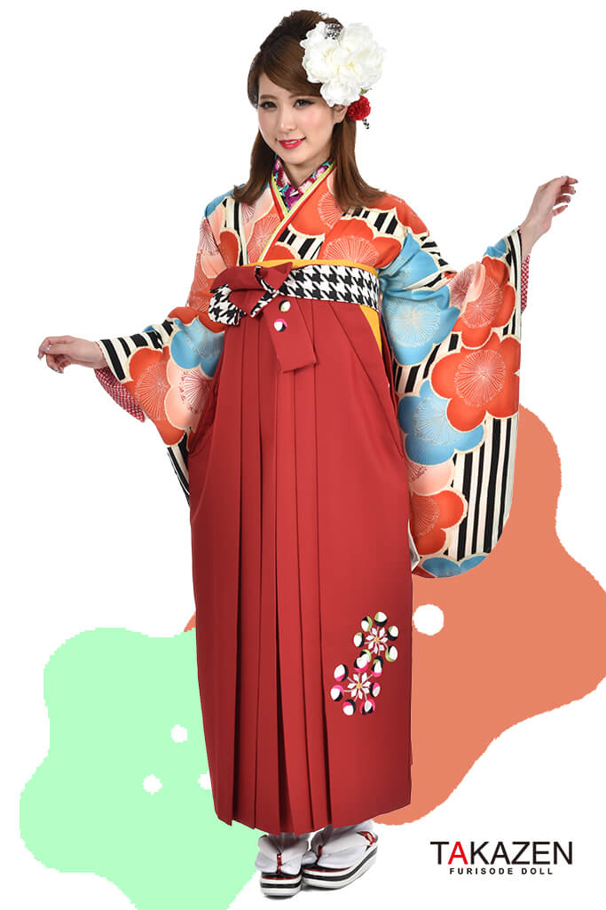 レトロモダン　オレンジ/黒/白/赤　ストライプ柄花柄　カワイイ　個性的袴ネットレンタルR30040