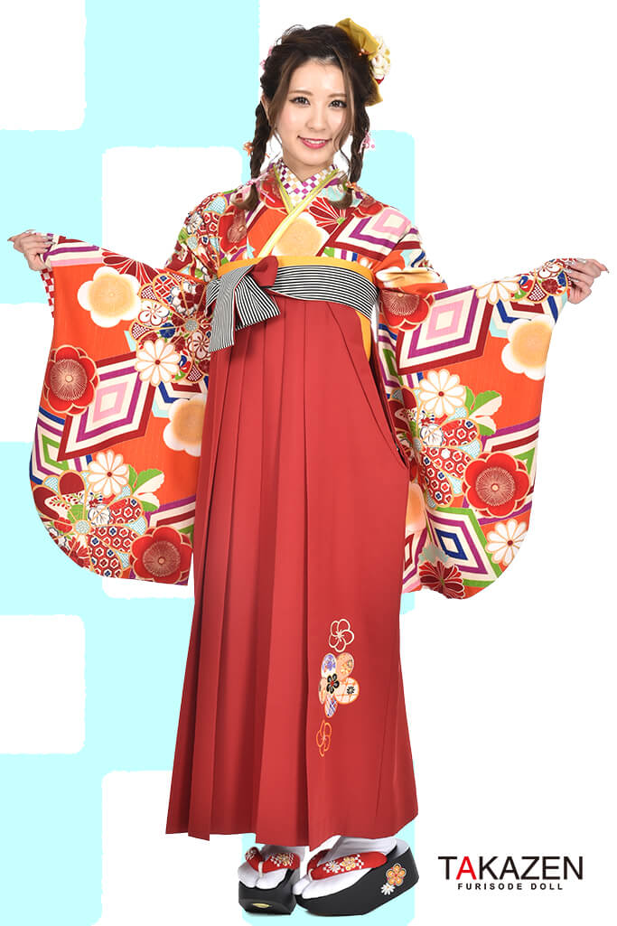 レトロモダン　オレンジ/赤　上品　大人っぽい袴ネットレンタル　派手　可愛い　RY009