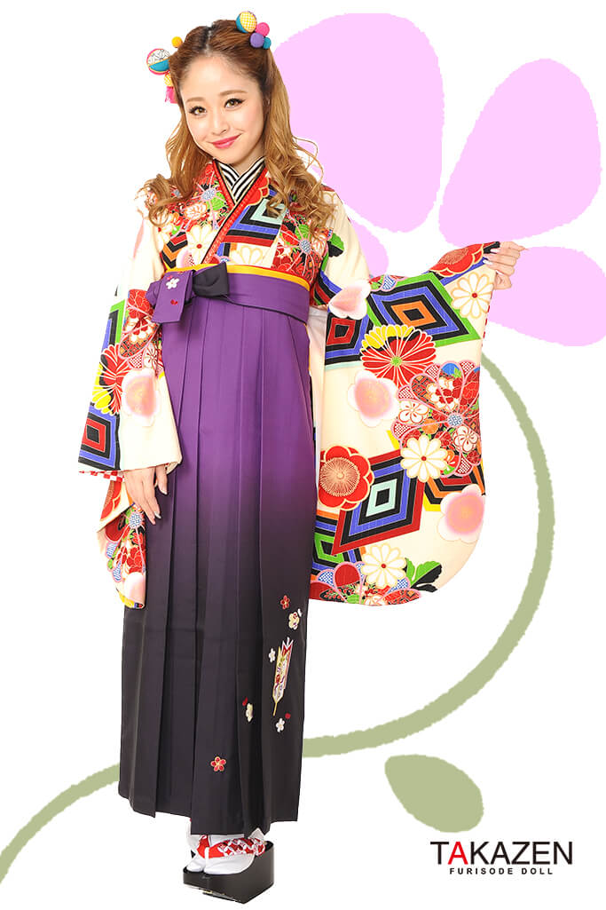 レトロポップ　クリーム/赤/白/　人気　個性的　レトロ古典袴ネットレンタル　古典柄　RY010