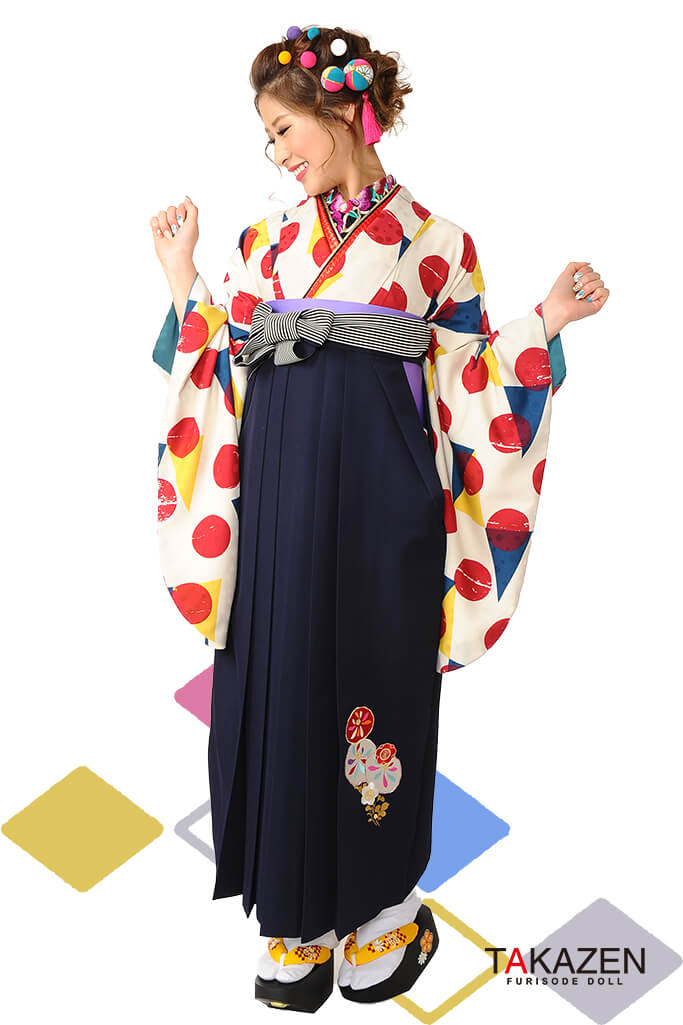 個性派レトロ　アイボリー/赤　ドット柄　目立つ　人とかぶらない　人気袴ネットレンタル　RY017