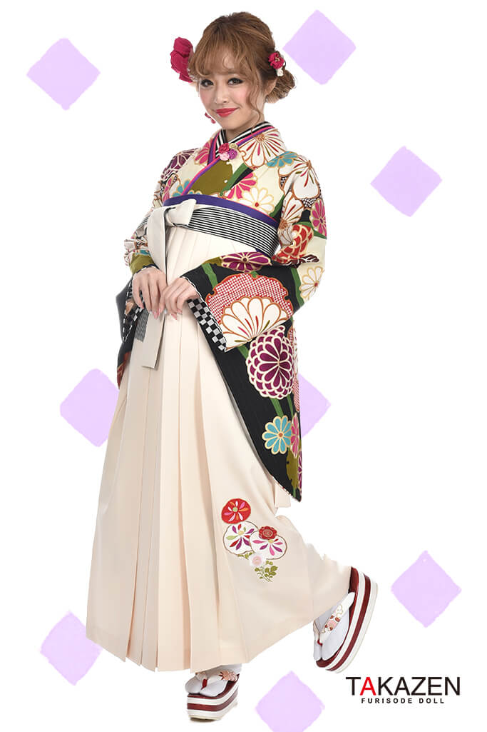 レトロモダン　白/グリーン(緑)/黒　花柄　可愛い　個性的袴ネットレンタル　RY027