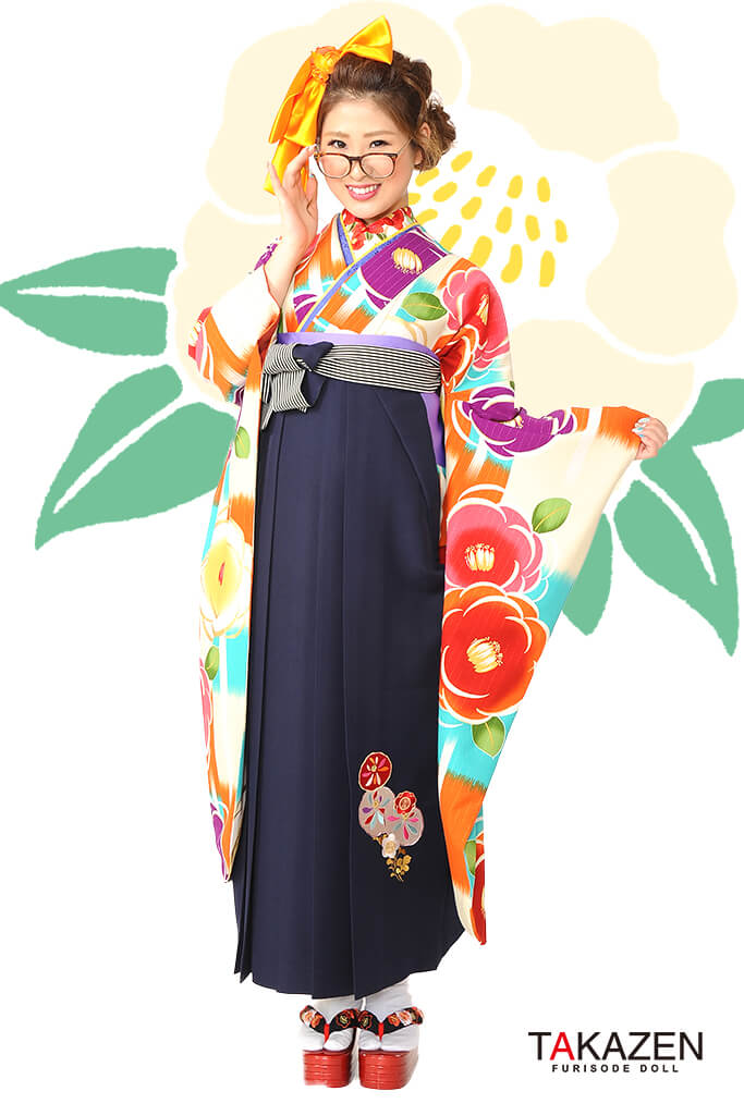 レトロポップ　クリーム/赤　大柄　椿柄　かわいい　華やか袴ネットレンタル　可愛い　　RY055