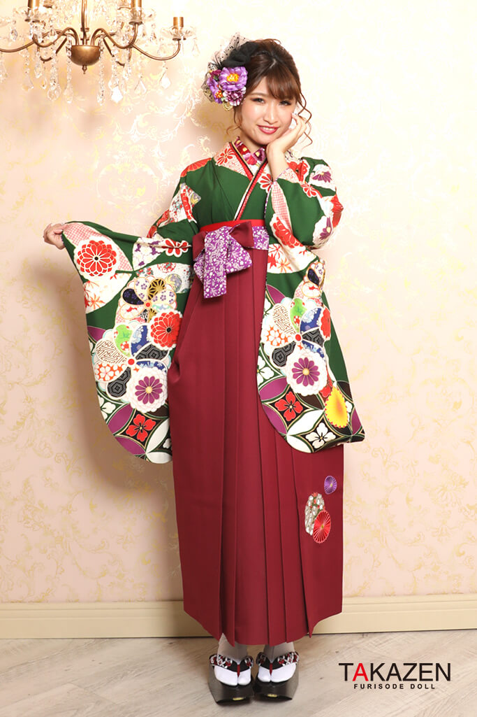 清楚古典　白/グリーン(緑色)　古典柄　はんなり　華やか袴ネットレンタル　かわいい　K32026