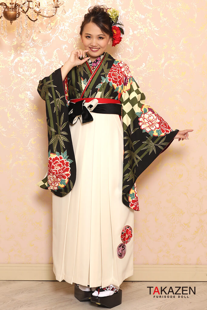 大人古典　グリーン(緑色)/黒/赤　ボタン柄　派手　渋い袴ネットレンタル　K32035