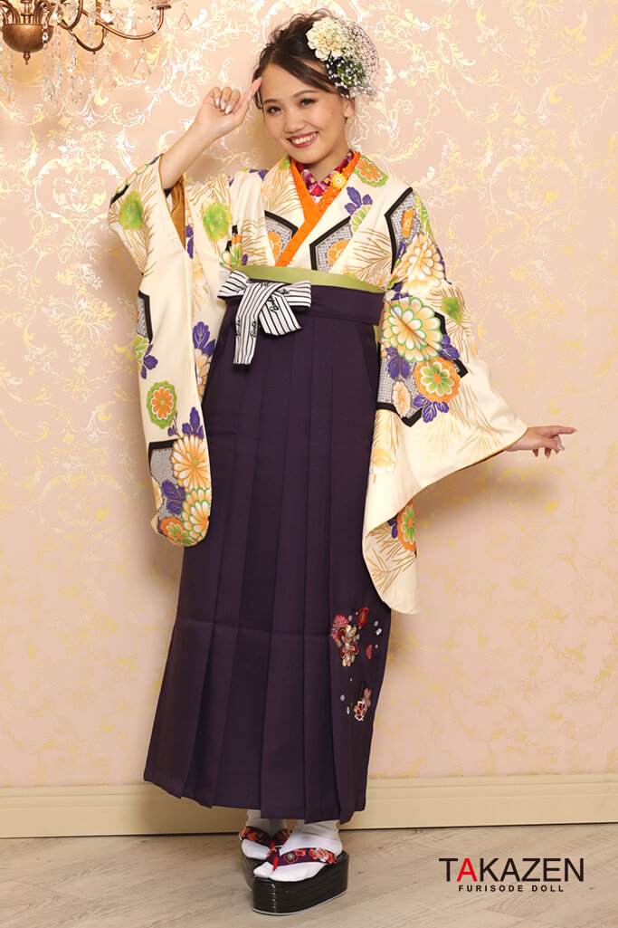 正統派古典　クリーム/グリーン(緑色)/青　定番　おしとやか　かわいい　清楚袴ネットレンタル　K32036