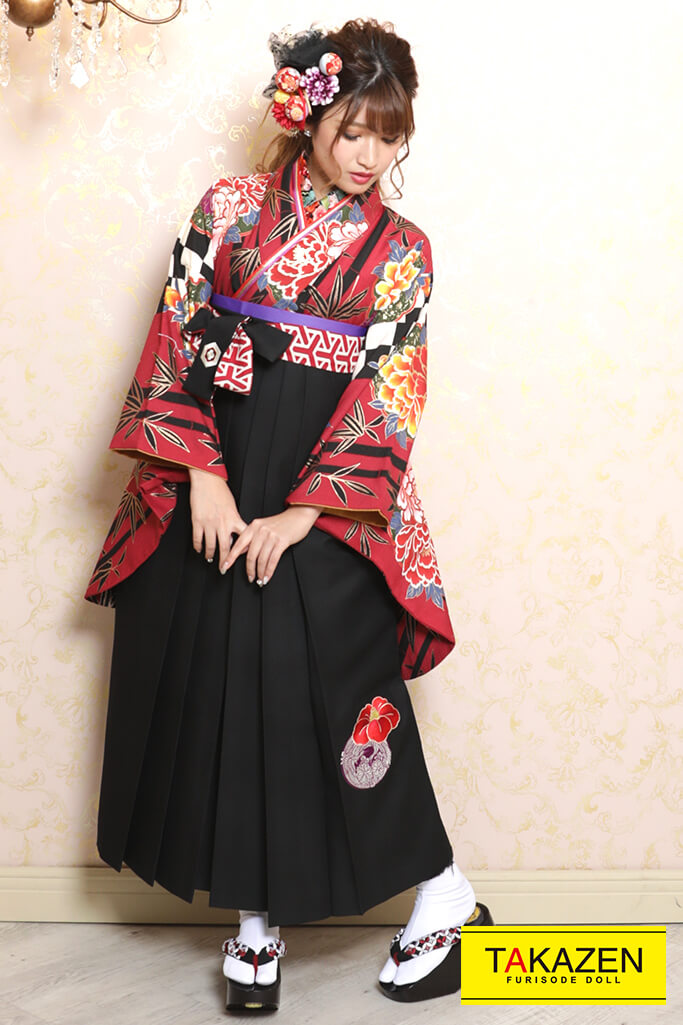 正統派古典　赤/黒/グリーン(緑色)　ボタン柄　可愛い　かっこいい袴ネットレンタル　K32037