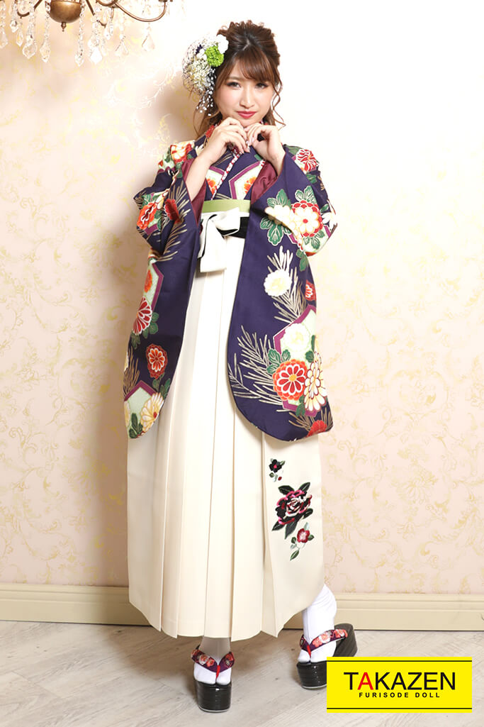 定番古典　紺/紫/エンジ/白　花柄　大人　可愛い　清楚袴ネットレンタル　K32038