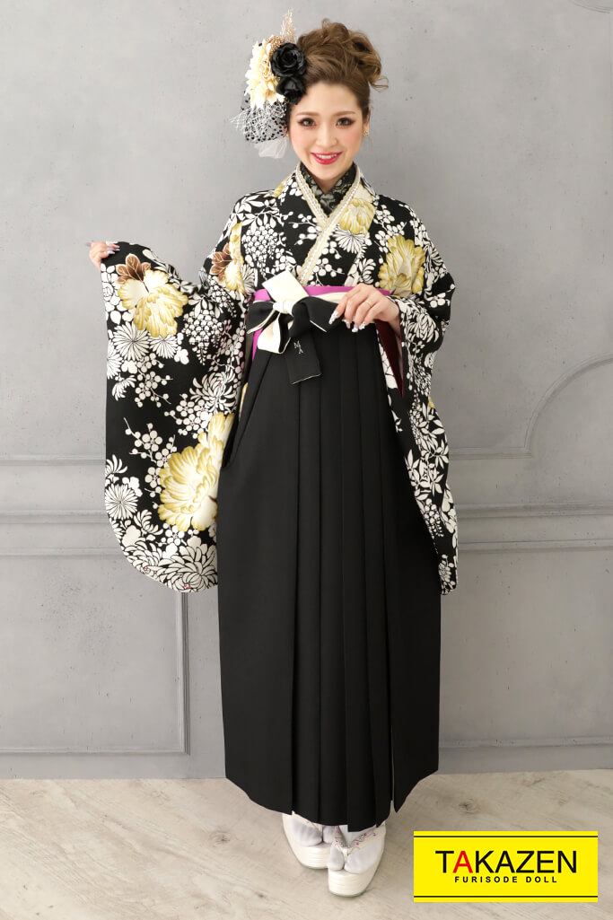 クール系　黒/白/ゴールド(金色)　オシャレ　かっこいい　ナチュラルビューティー袴ネットレンタル　モノトーン　R21045