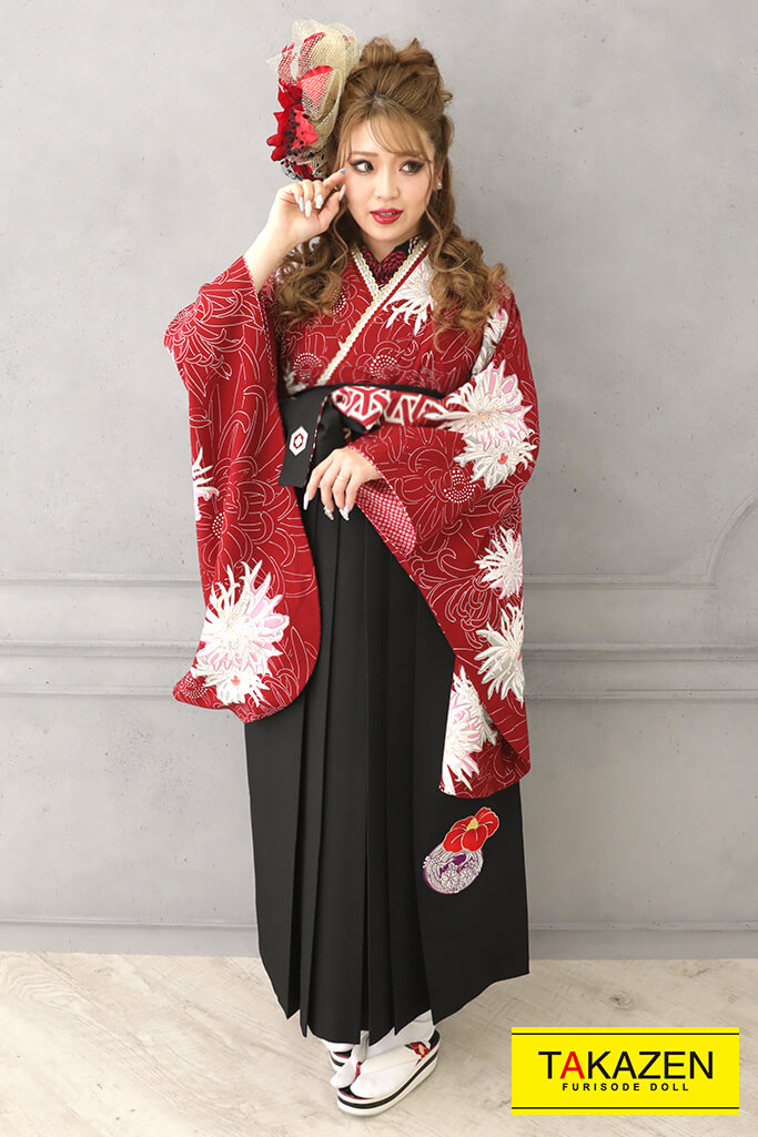 クール古典　赤/エンジ/白　乱菊柄　目立つ　おしゃれ袴ネットレンタル　かっこいい　　R32016