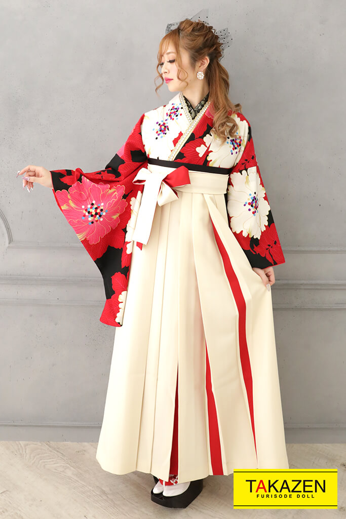 レトロポップ　赤/黒/白/ピンク　ボタン柄　目立つ　かっこいい　大人気袴ネットレンタル　R32023