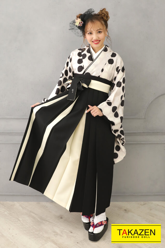 シンプルレトロ　白/黒/シルバー(銀色)/モノトーン　シンプル/ドット柄　個性的袴ネットレンタル　R21030
