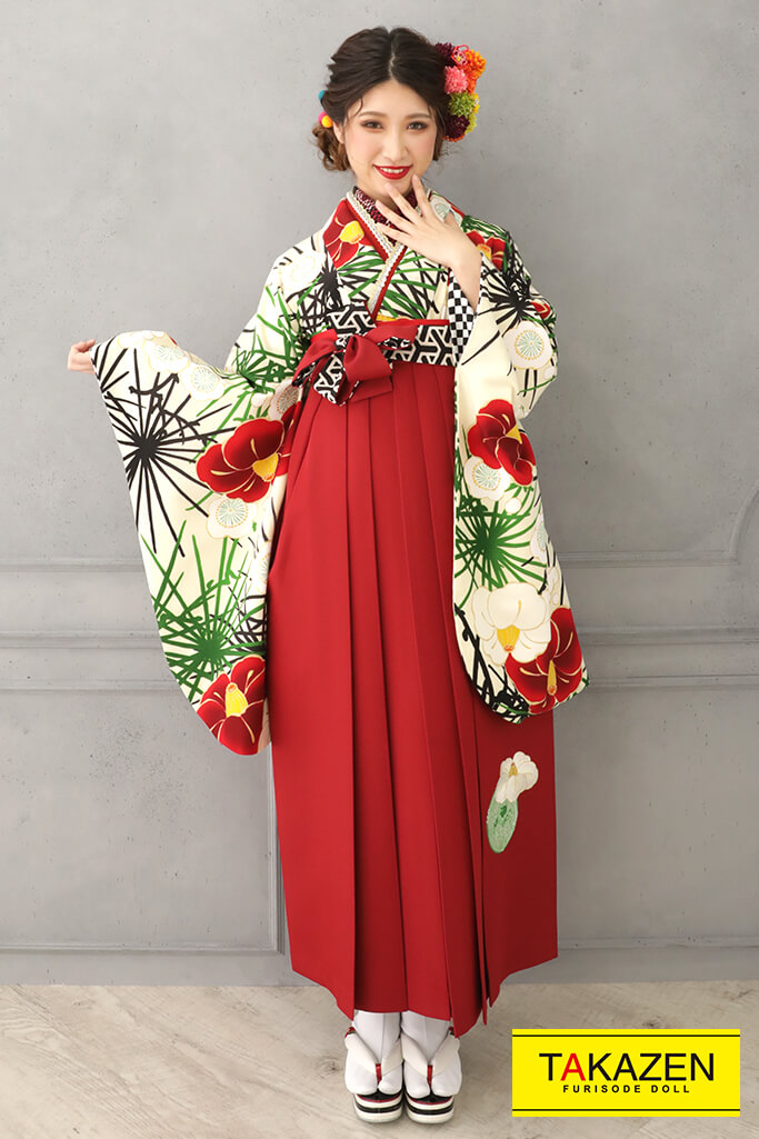 シンプルレトロ　白/クリーム/赤　椿柄　大人気　大人可愛い　きれいめ袴ネットレンタル　R32001