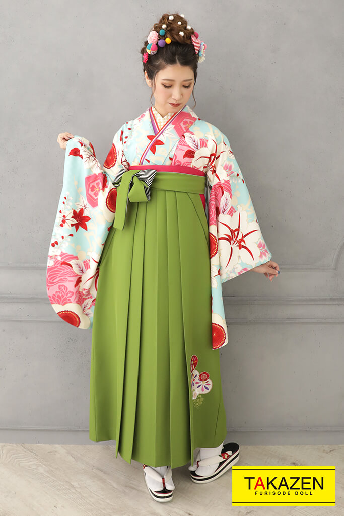 シンプルレトロ　白/ブルー(水色)/ピンク　鶴柄　大人っぽい　個性的　シンプル袴ネットレンタル　R32004