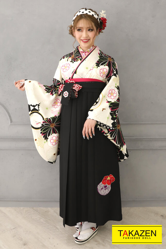 レトロポップ　白/黒/クリーム　菊柄　大正ロマン　袴ネットレンタル　総柄　R32005