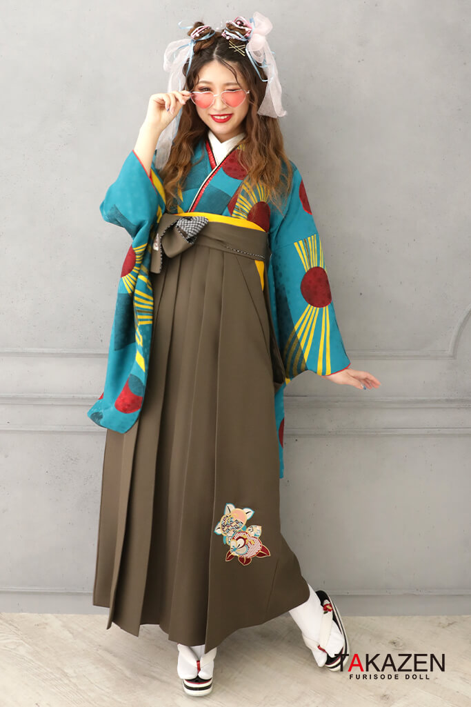 レトロポップ　青/ビビットカラー　幾何学模様　目立つ　個性的袴ネットレンタル　R32008