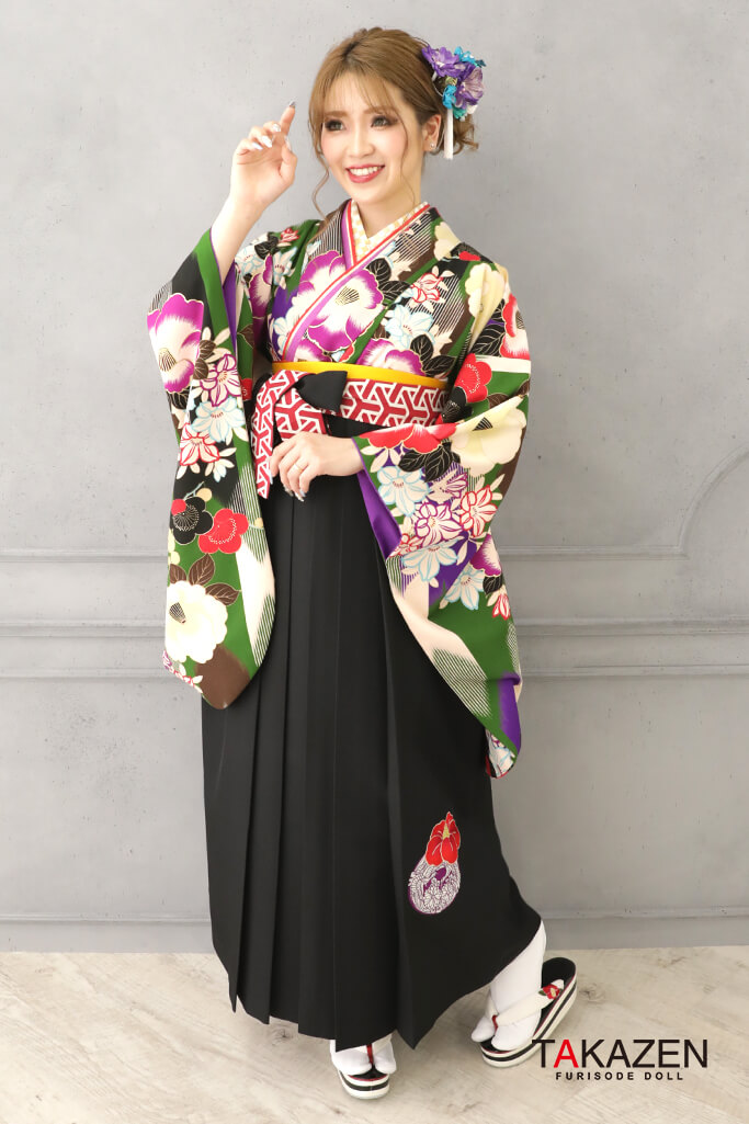 レトロポップ　緑/紫　大正ロマン風　おしゃれ袴ネットレンタル　R32022