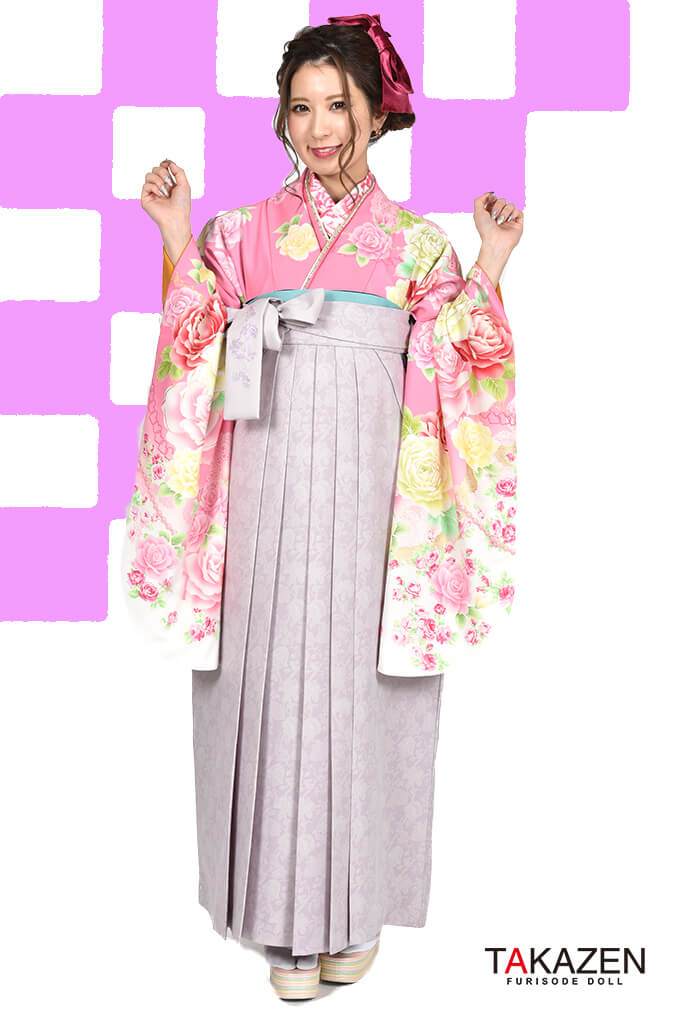 キュートガーリー　ピンク/白/赤　バラ柄　ゆるふわ系　袴ネットレンタル　かわいい　RY106