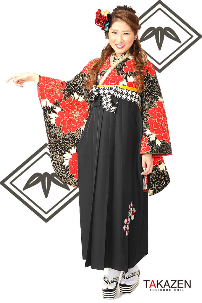 ギャルモード系　黒/赤　牡丹柄/大柄　派手　豪華　目立つ袴ネットレンタル　RY096