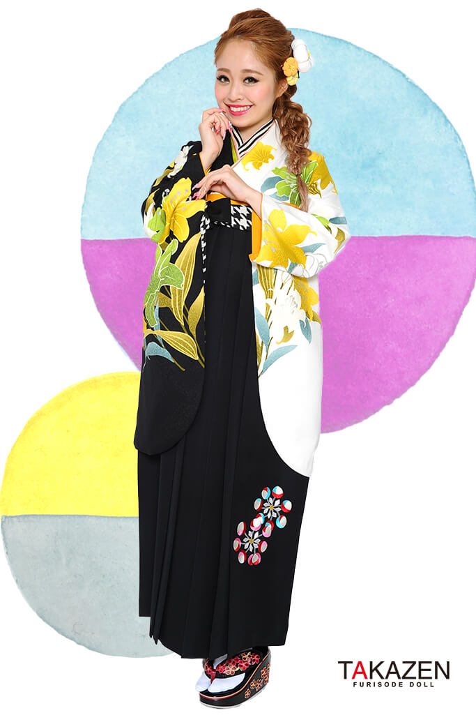 モード　白/黒/黄　百合柄　片身代わり　カッコイイ系袴ネットレンタル　大人っぽい　クール　RY103