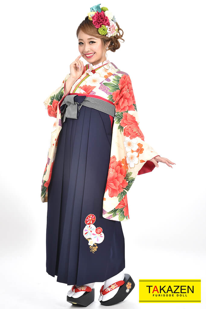 正統派古典　白/赤/オレンジ　牡丹柄　　目立つ　人気　王道　華やか袴ネットレンタル　RY077