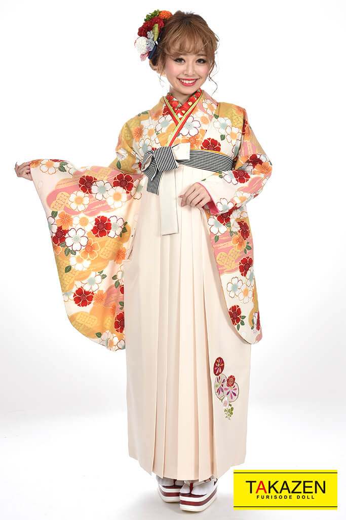 正統派古典　オレンジ/ピンク/赤　小花柄　可愛い　小さめ　王道　おしゃれ袴ネットレンタル　RY080