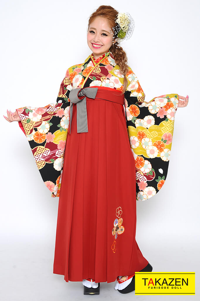 正統派古典　黒/カラシ/白　　小花柄　人気　王道　かわいい袴ネットレンタル　RY081