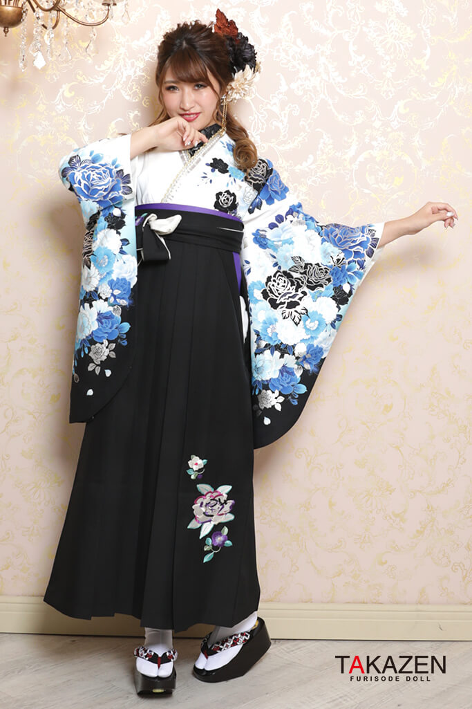 派手クール系　白/ブルー(青色)　豪華　目立つ　バラ柄　袴ネットレンタル　RY098