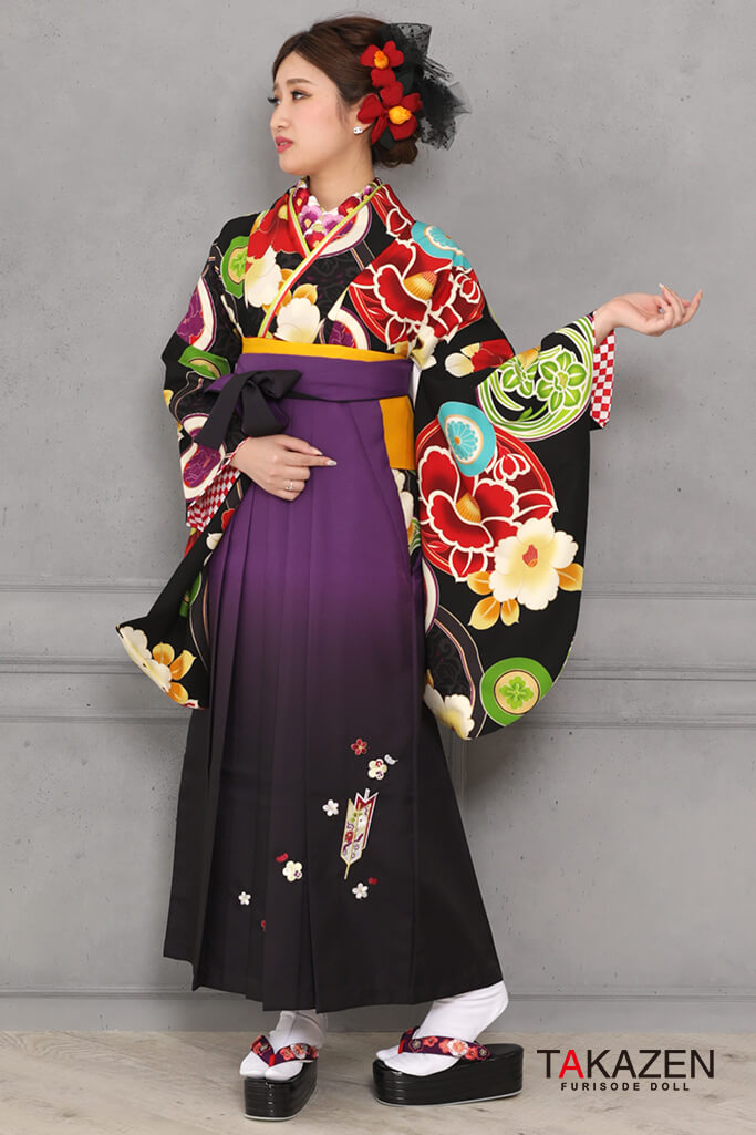 レトロポップ　黒/白/赤　椿柄　かっこいい袴ネットレンタル　派手　可愛い　R31022