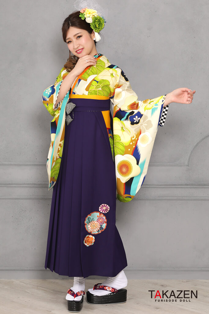 レトロ　黄緑/水色　おしゃれ　寒色系袴ネットレンタル　モダン　目立つ　R31026