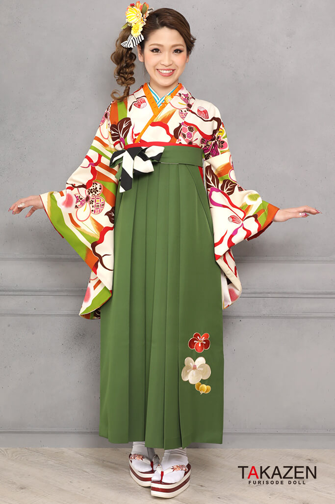 レトロポップ　オレンジ/白/グリーン(緑色)　人と被らない　可愛い　個性的　大柄袴ネットレンタル　R31028