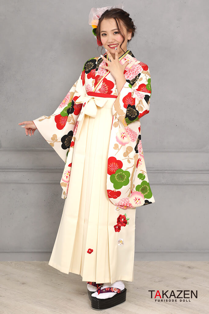レトロポップ　白/赤/グリーン(緑色)　椿柄　可愛い　個性的袴ネットレンタル　レトロ　R31030
