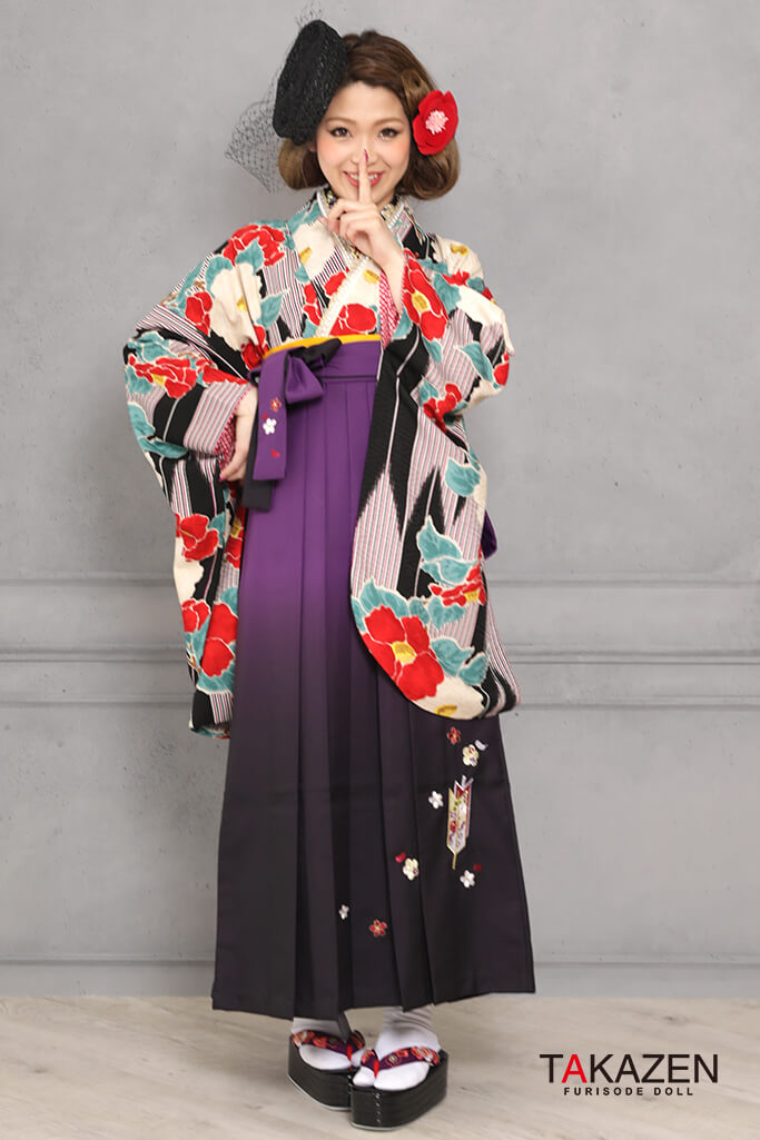 レトロモダン　紫/黒/赤　ツバキ柄/矢絣　大人っぽい　袴ネットレンタル　R31040