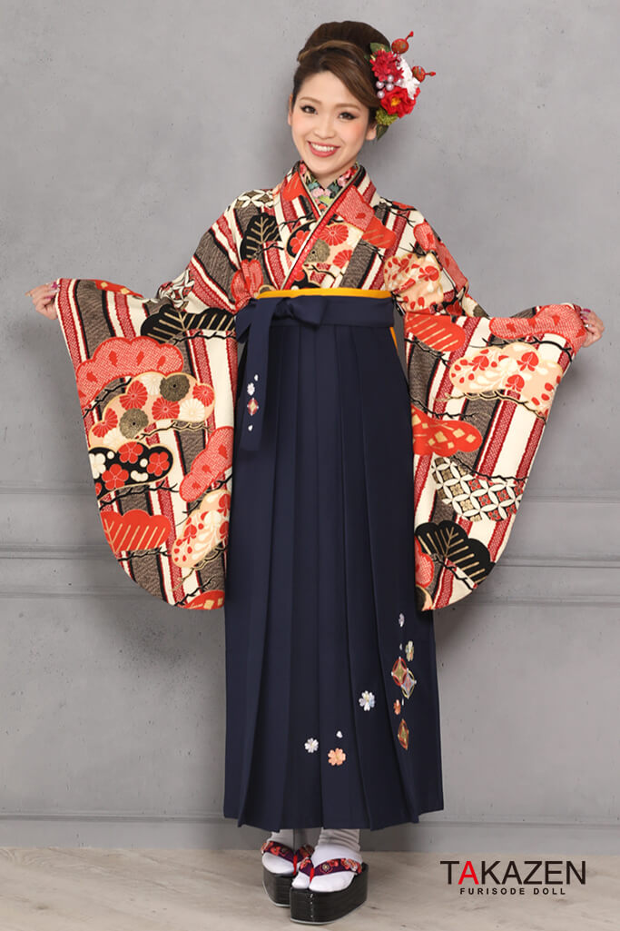 レトロ古典　黒/オレンジ/クリーム　松柄　大人っぽい袴ネットレンタル　落ち着いた　R31044