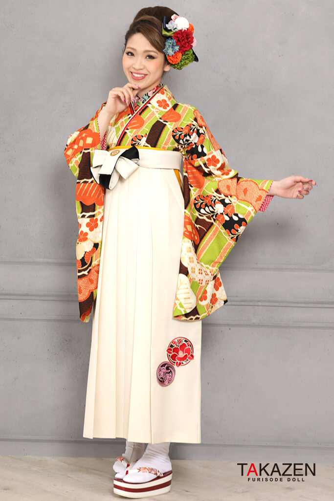 レトロ古典　オレンジ/グリーン(黄緑)/エンジ/白　古典柄　落ち着いた　可愛い　古風　清楚袴ネットレンタル　R31045