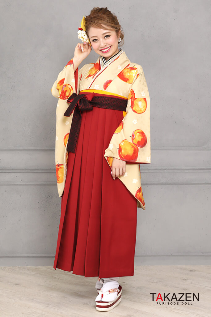 レトロポップ　ベージュ/赤/オレンジ/クリーム　リンゴ柄　可愛い　個性的袴ネットレンタル　被らない　R31046