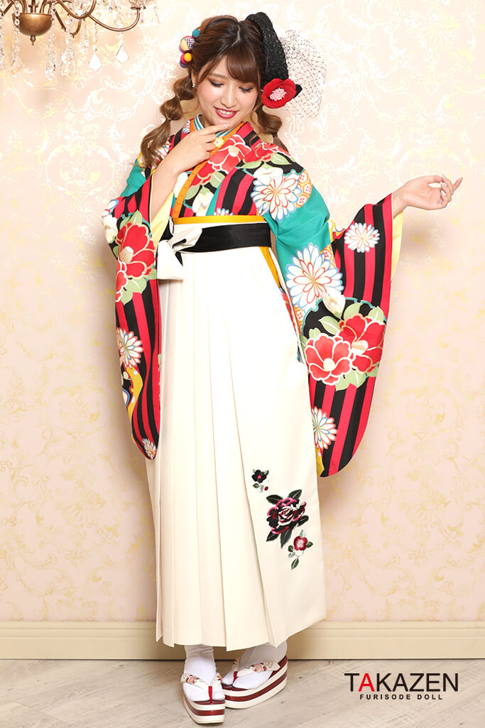 レトロ　ピンク/グリーン(緑色)　人と被らない　個性的袴ネットレンタル　可愛い　ストライプ柄　R32032