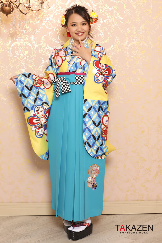 レトロ　黄/ピンク/ブルー(水色)　人と被らない　個性的袴ネットレンタル　派手　目立つ　R32033