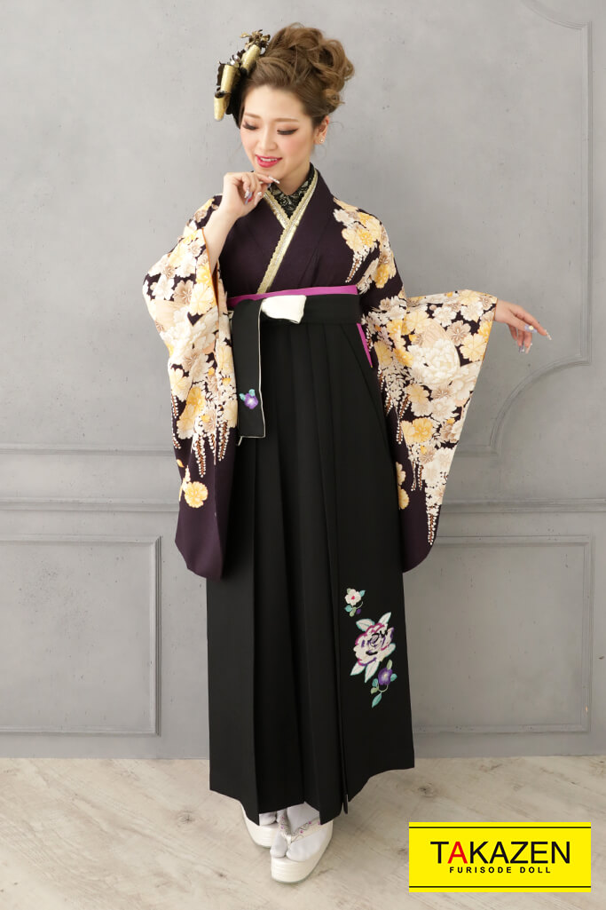 モード　茶/黄/クリーム　牡丹柄　人気　渋い　派手かっこいい系　袴ネットレンタル　RY131