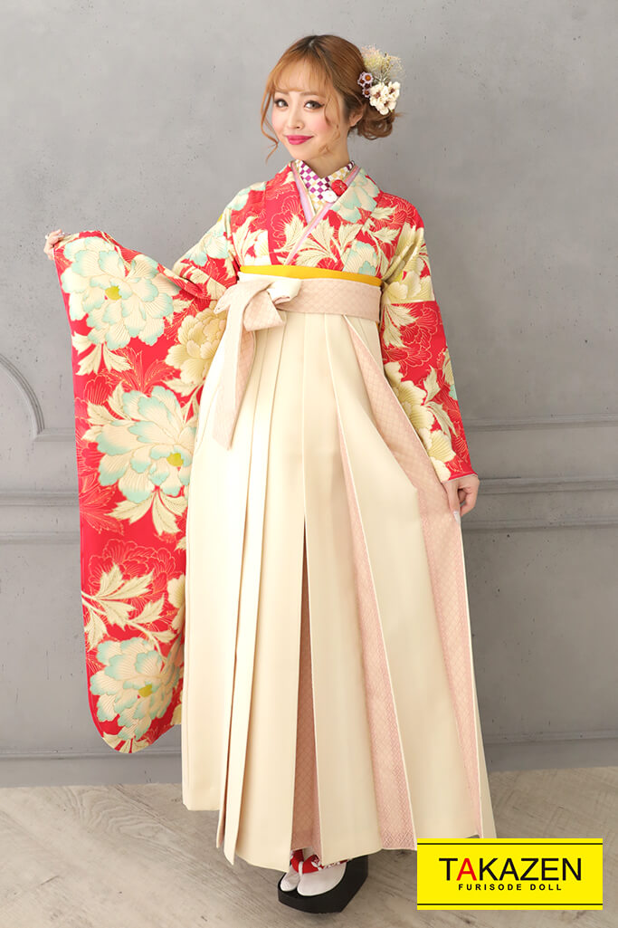 レトロキュート　ショッキングピンク/アイボリー　ボタン柄/大柄　目立つかわいい袴ネットレンタル　派手　原色　RY126