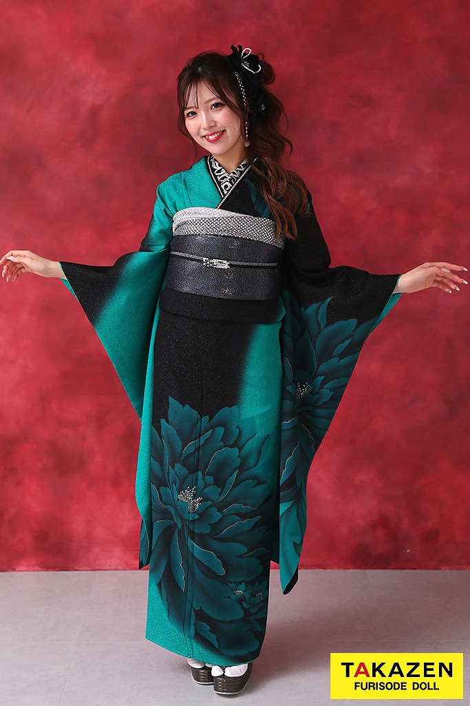 格安クール系　黒/エメラルドグリーン　牡丹柄　大柄　シンプル　かっこいい　ギャル　オシャレ振袖ネットレンタル　YK251