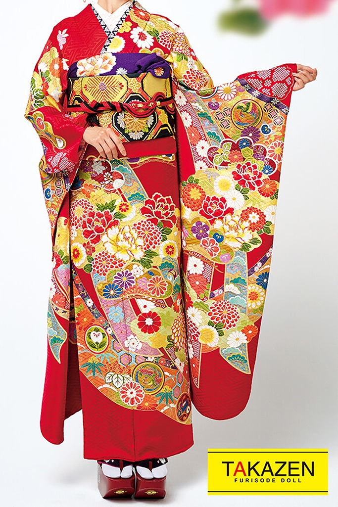 プレミアム古典　赤/黒/ゴールド(金色)　熨斗柄　古典柄振袖ネットレンタル　最高級金駒刺繍　上品　おしとやか　21036