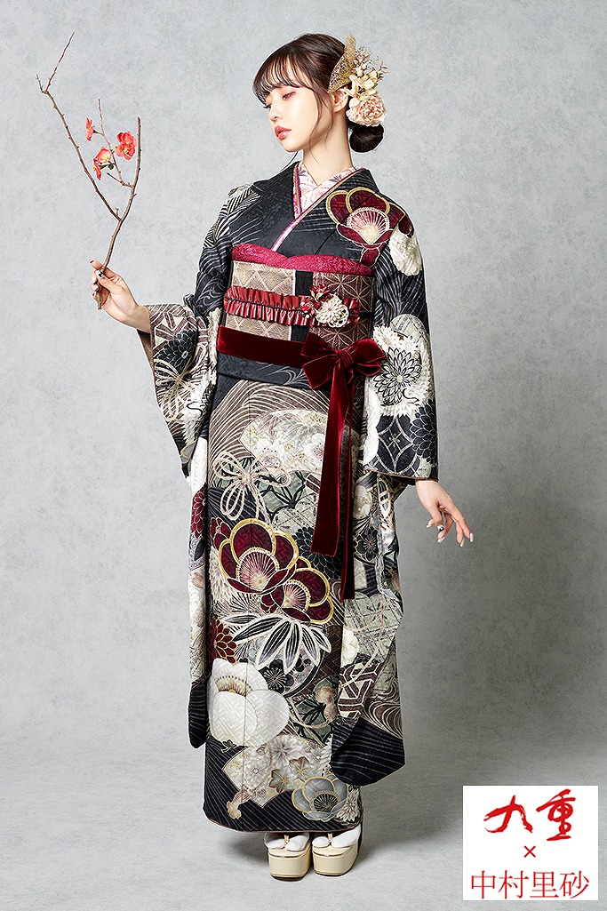 九重×中村里砂振袖ネットレンタル　黒/グレー/青　万寿菊　古典柄　黒地　おしゃれ　　トレンド　K660