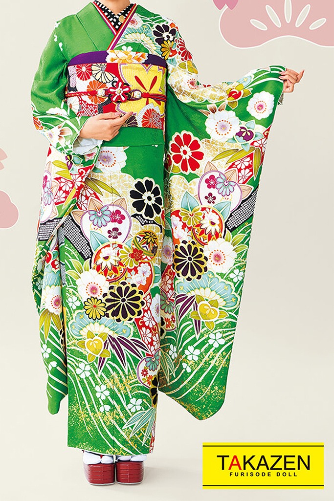 正統派古典　グリーン(黄緑色)　毬柄　上品　おしとやか　清楚振袖ネットレンタル　大人かわいい　　32073