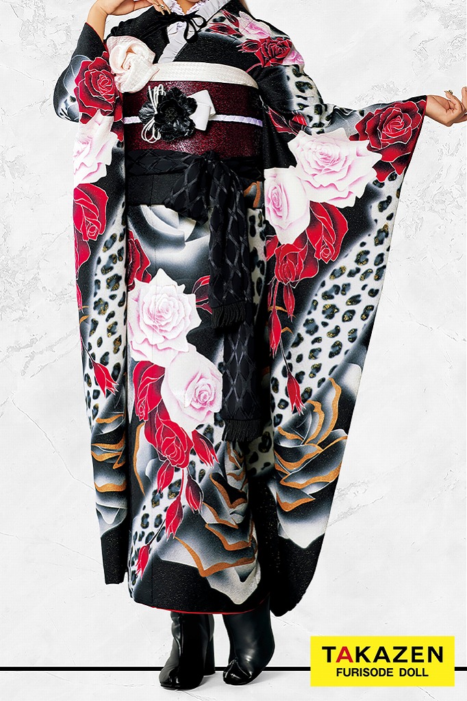 モードギャル系　派手目立つ　黒/赤/白　ヒョウ柄/動物柄　　おしゃれ振袖ネットレンタル　人と被らない　32126